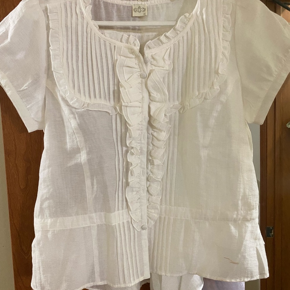 White Ruffle-Front Short Sleeve Blouse